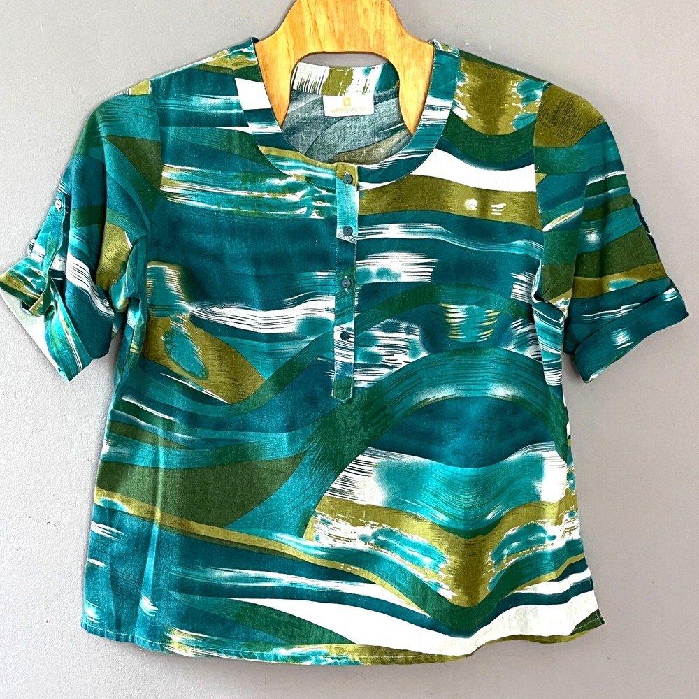 Metro Wear Linen Blend Top XL Green Short Roll Tab Sleeves Boho Resort Casual
